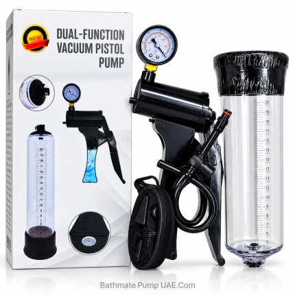 Dual-function vacuum pistol pump with pressure gauge, clear cylinder and accessories.