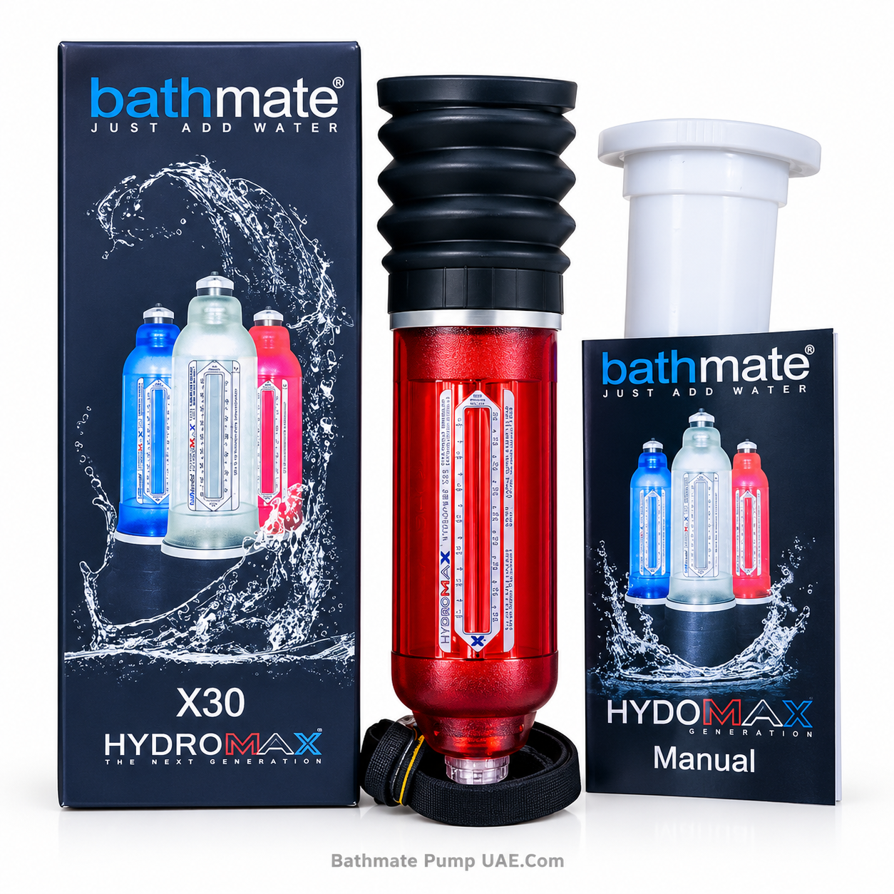 Bathmate Hydromax X30 – HydroMax Water Vacuum Pump Bathmate Hydromax X30 water-based vacuum pump with HydroMax cylinder, packaging and manual.
