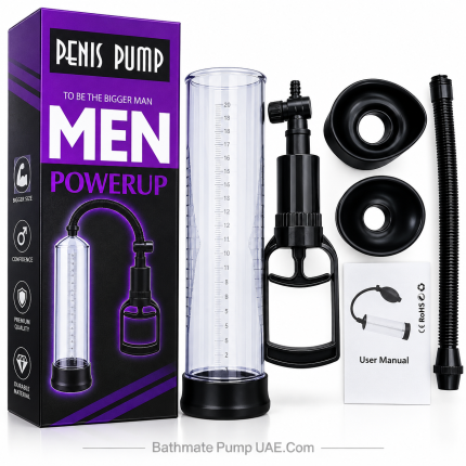 Power Up Multi-Function Penis Enlargement Pump with vacuum cylinder, hand pump, adjustable hose and accessories.