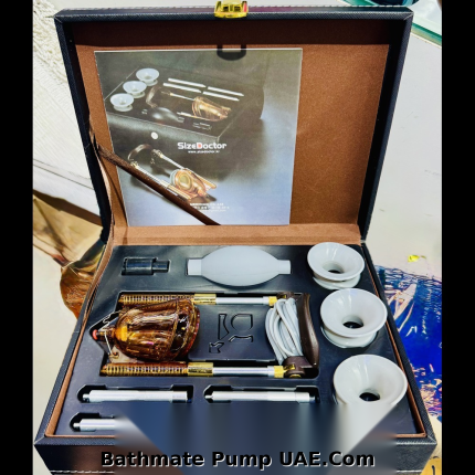 SizeDoctor male enhancement kit with adjustable rods, support cups, hand pump and accessories in a carrying case.